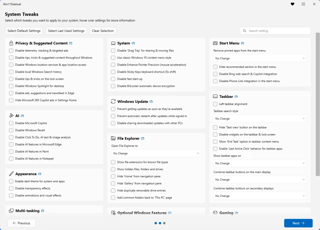 Win11Debloat System Tweaks Interface